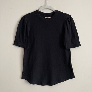 Faherty Womens Black Ribbed Puff Sleeve Top Knit Tee Casual Everyday Size XS